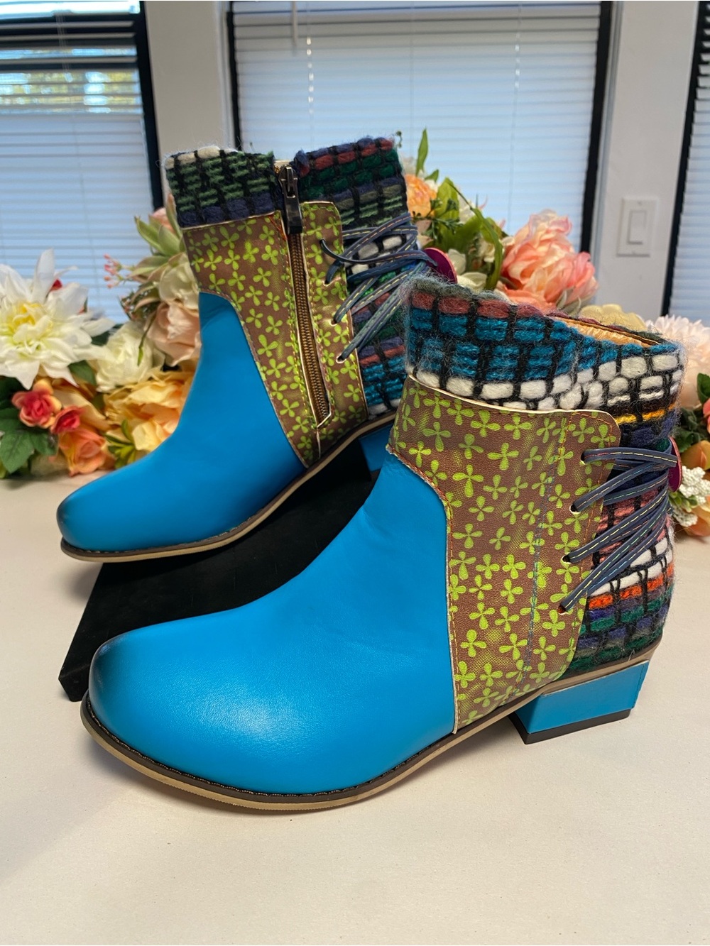Boho Patchwork Blue Ankle Boots EU 40 Side Zip Multi Color